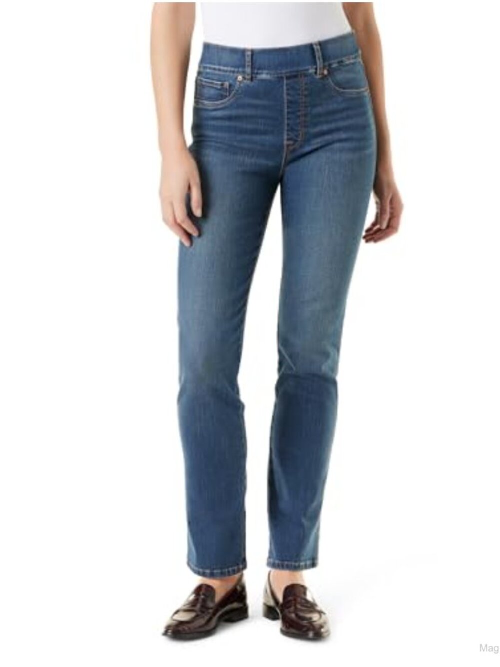 High Rise Pull On Straight Leg Jeans Medium Stretch Cotton